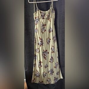 Sage Floral Satin Dress with Brown and Gray Roses